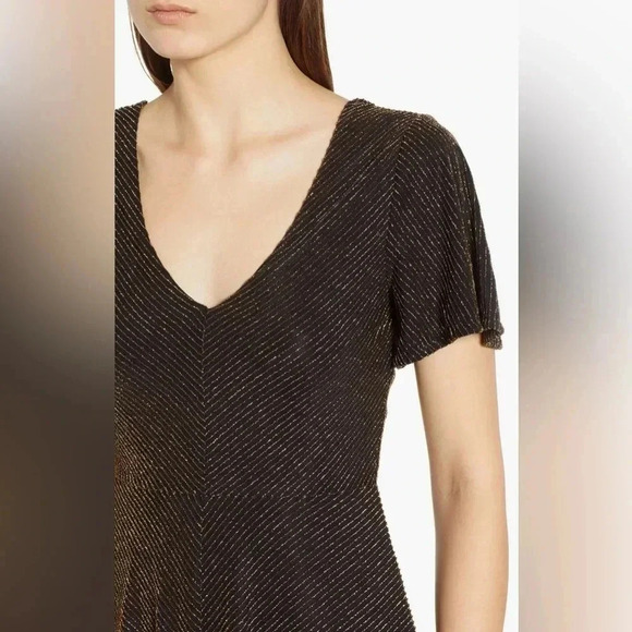 NWOT LEITH gold pin stripe fit & flare flutter sleeve v neck tie belt dress XS-M - Picture 5 of 15